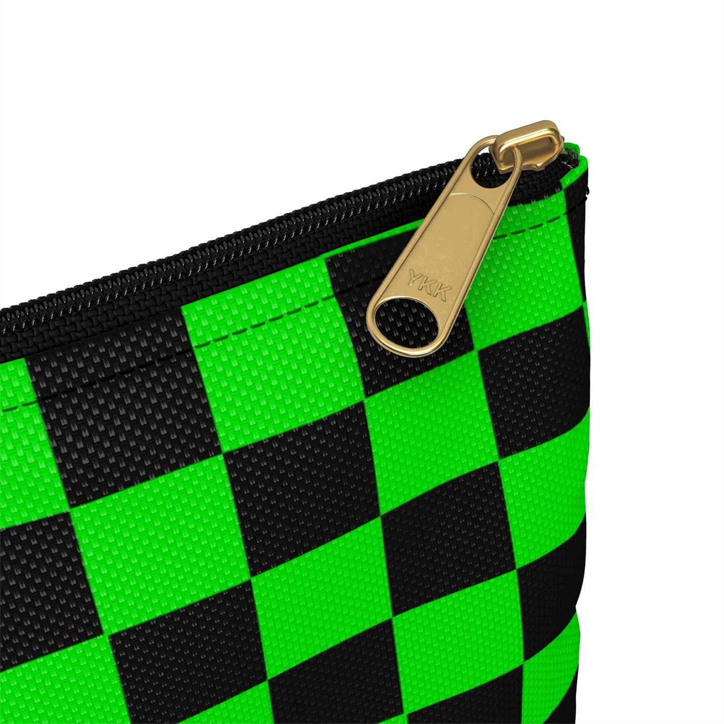 Green & Black Checker Accessory Pouch — Neon Checkerboard Makeup Bag