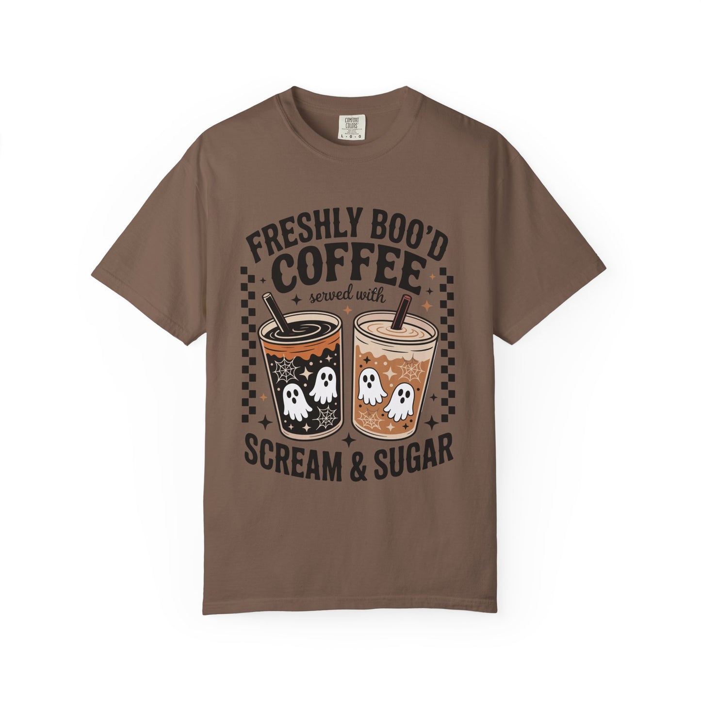Halloween Coffee T-Shirt, Unisex Garment-Dyed Tee, Ghostly Coffee Graphic Tee, Casual Fall Fashion, Perfect for Halloween Celebrations