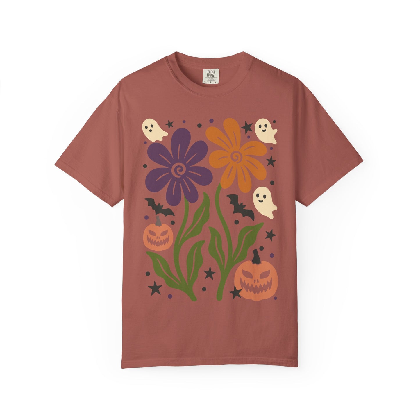Halloween Floral T-Shirt with Ghosts and Pumpkins, Fall Apparel, Unisex Halloween Shirt, Spooky Vibe, Perfect for Parties, Gifts