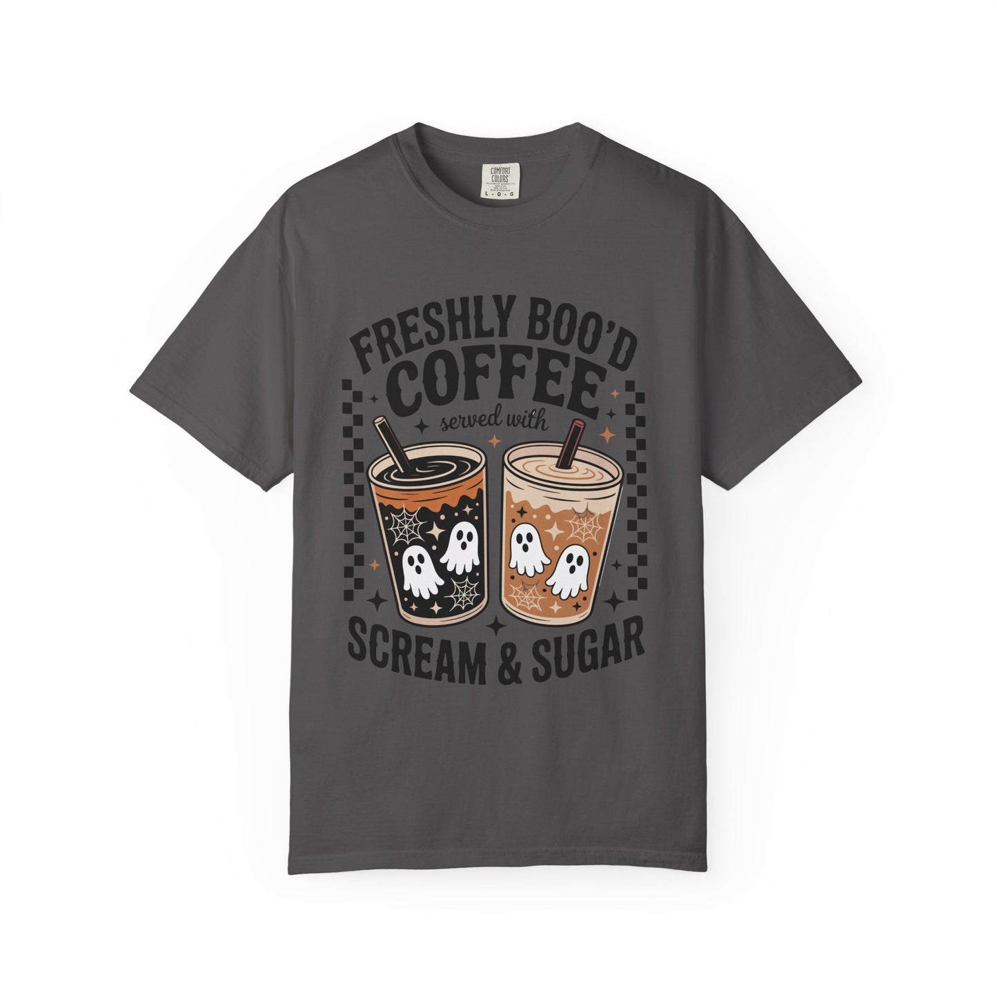 Halloween Coffee T-Shirt, Unisex Garment-Dyed Tee, Ghostly Coffee Graphic Tee, Casual Fall Fashion, Perfect for Halloween Celebrations