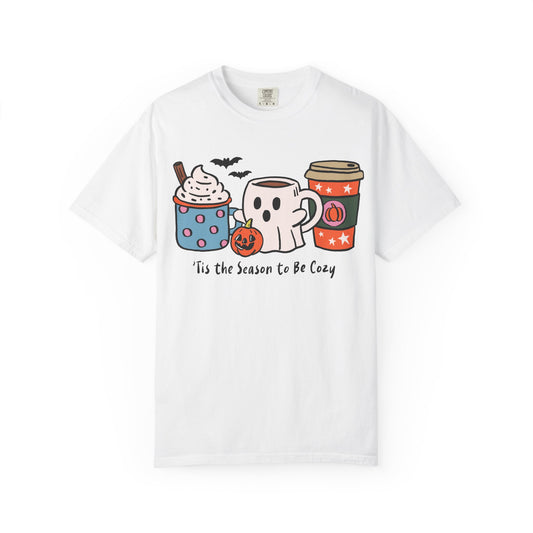 Cozy Halloween T-Shirt, Unisex Fashion Tee, Fall Apparel, Pumpkin Spice Drink Shirt, Seasonal Outfit, Gifts for Halloween Lovers