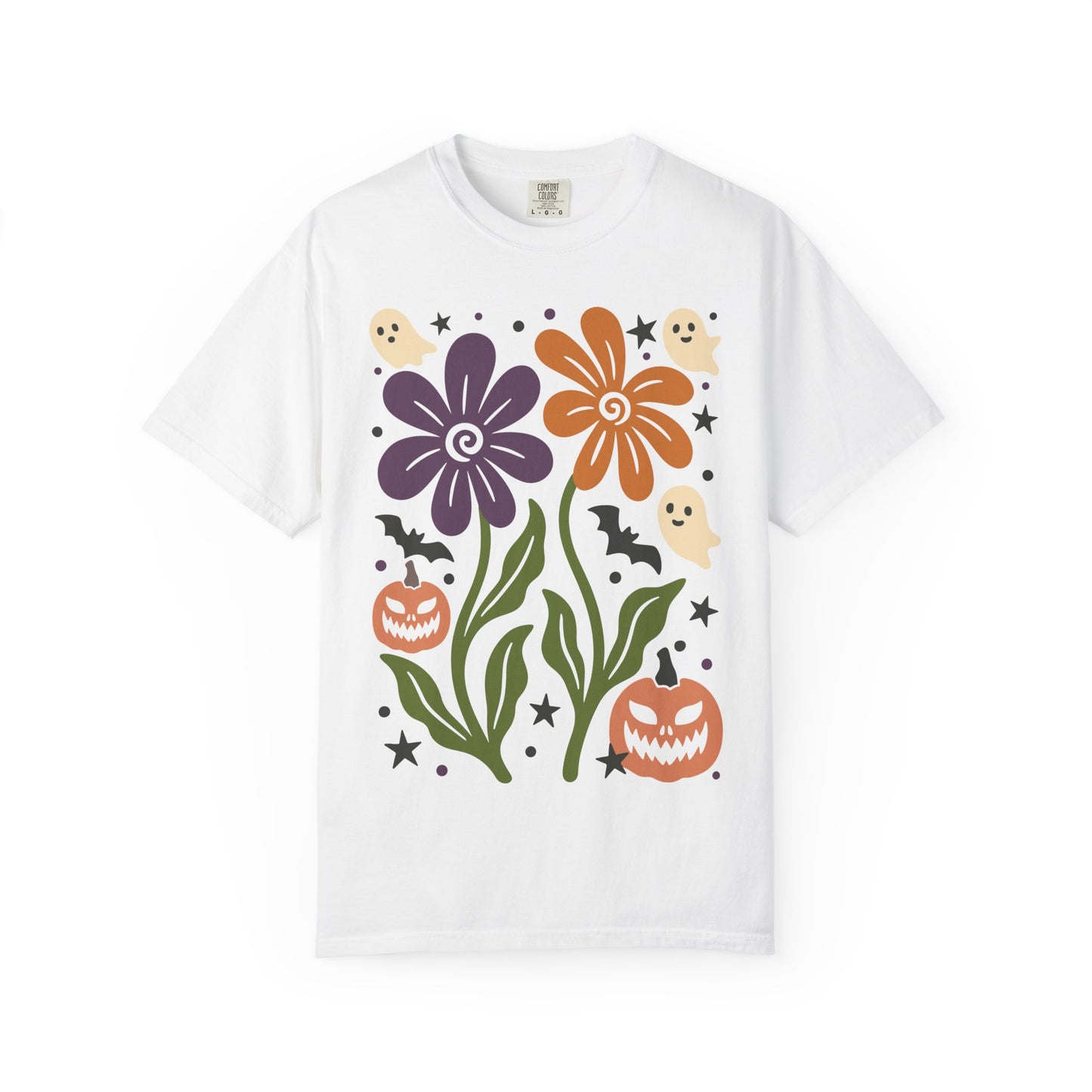 Halloween Floral T-Shirt with Ghosts and Pumpkins, Fall Apparel, Unisex Halloween Shirt, Spooky Vibe, Perfect for Parties, Gifts