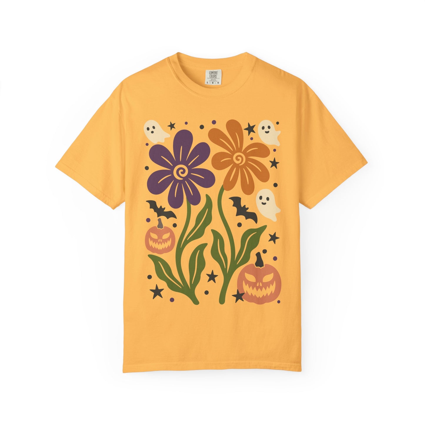 Halloween Floral T-Shirt with Ghosts and Pumpkins, Fall Apparel, Unisex Halloween Shirt, Spooky Vibe, Perfect for Parties, Gifts