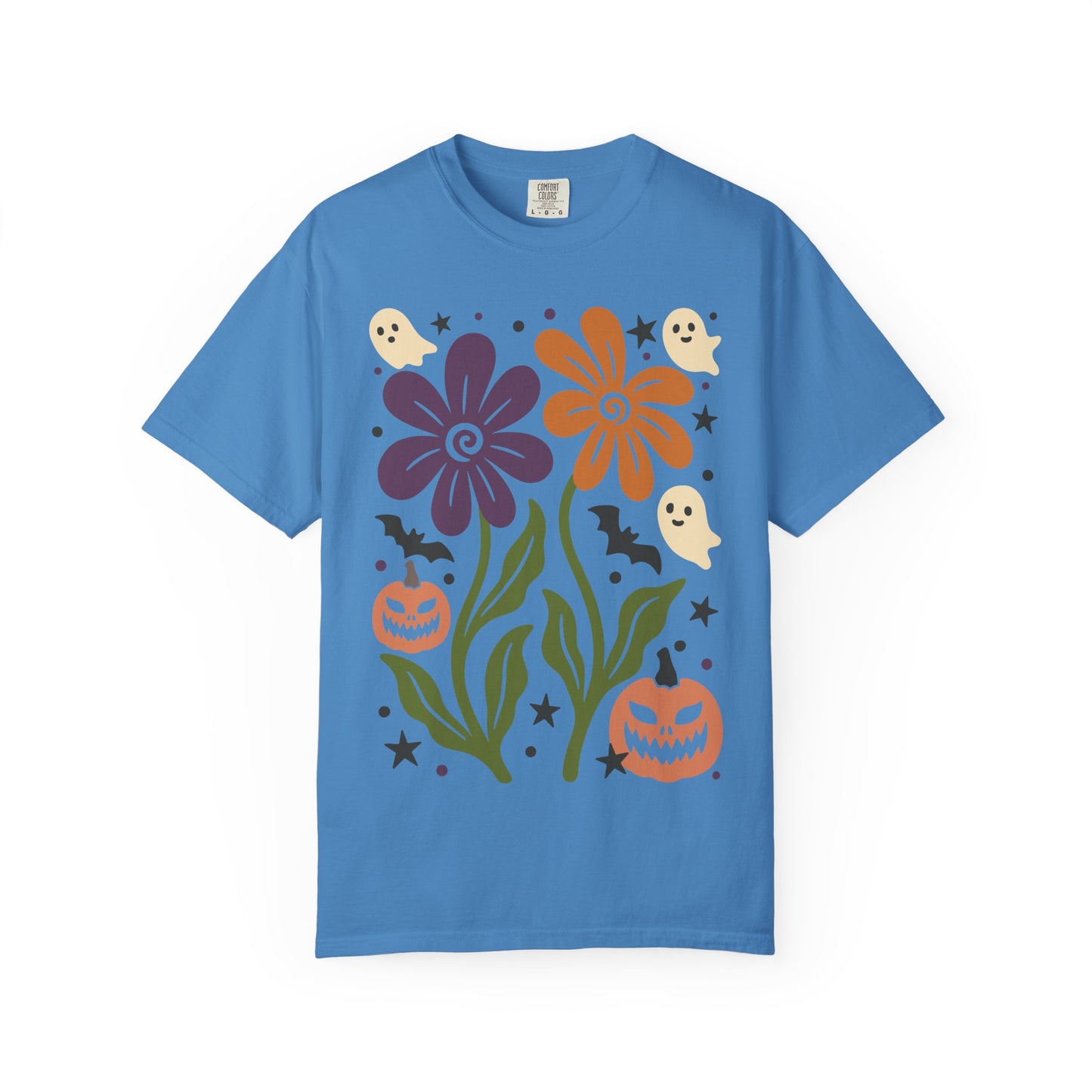Halloween Floral T-Shirt with Ghosts and Pumpkins, Fall Apparel, Unisex Halloween Shirt, Spooky Vibe, Perfect for Parties, Gifts