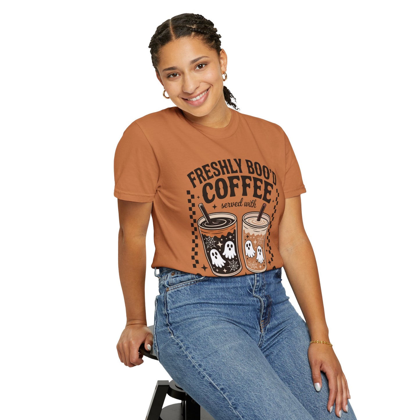 Halloween Coffee T-Shirt, Unisex Garment-Dyed Tee, Ghostly Coffee Graphic Tee, Casual Fall Fashion, Perfect for Halloween Celebrations
