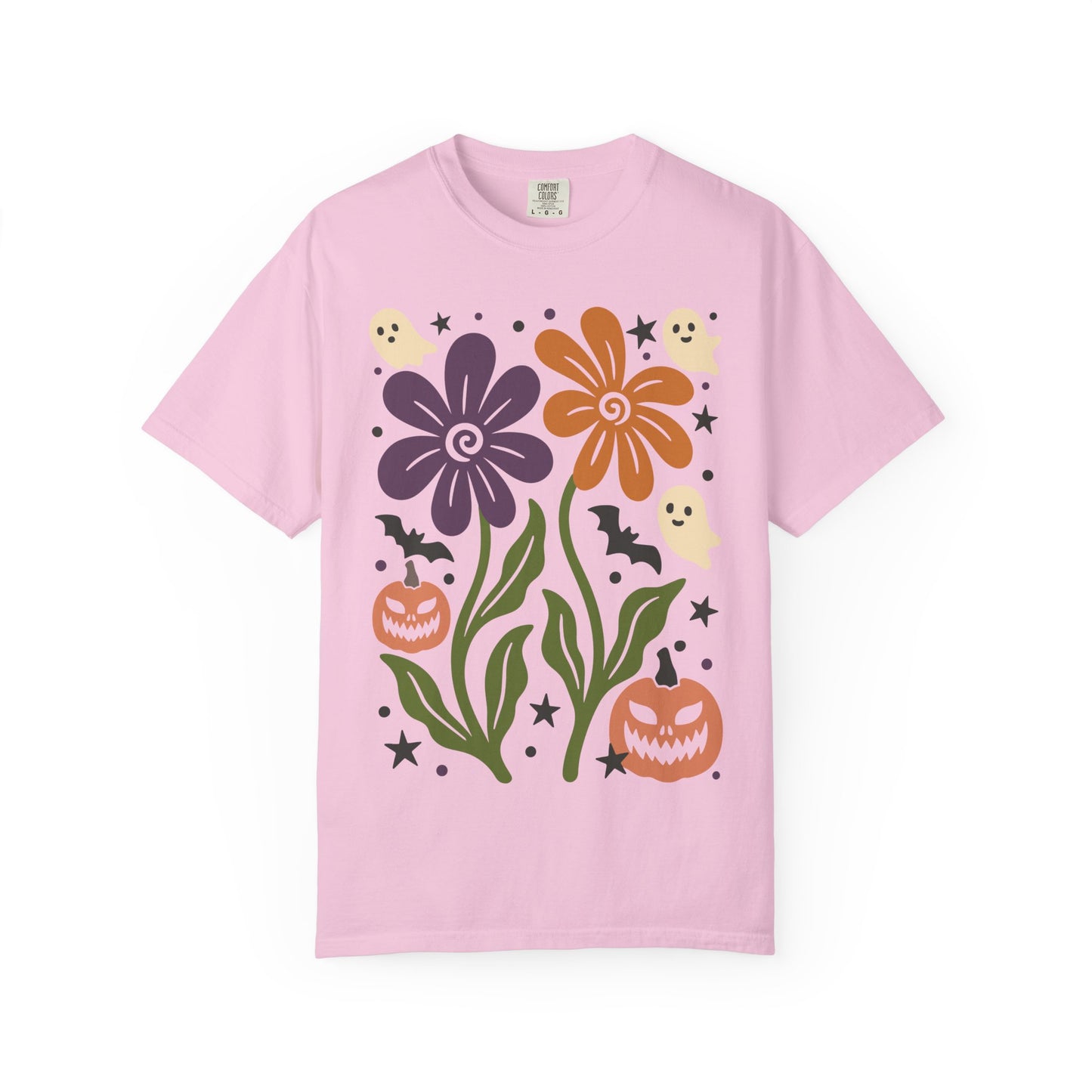 Halloween Floral T-Shirt with Ghosts and Pumpkins, Fall Apparel, Unisex Halloween Shirt, Spooky Vibe, Perfect for Parties, Gifts