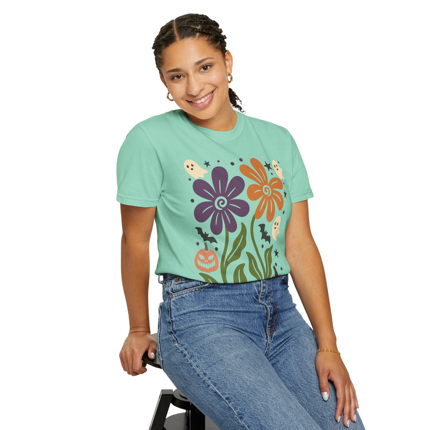 Halloween Floral T-Shirt with Ghosts and Pumpkins, Fall Apparel, Unisex Halloween Shirt, Spooky Vibe, Perfect for Parties, Gifts