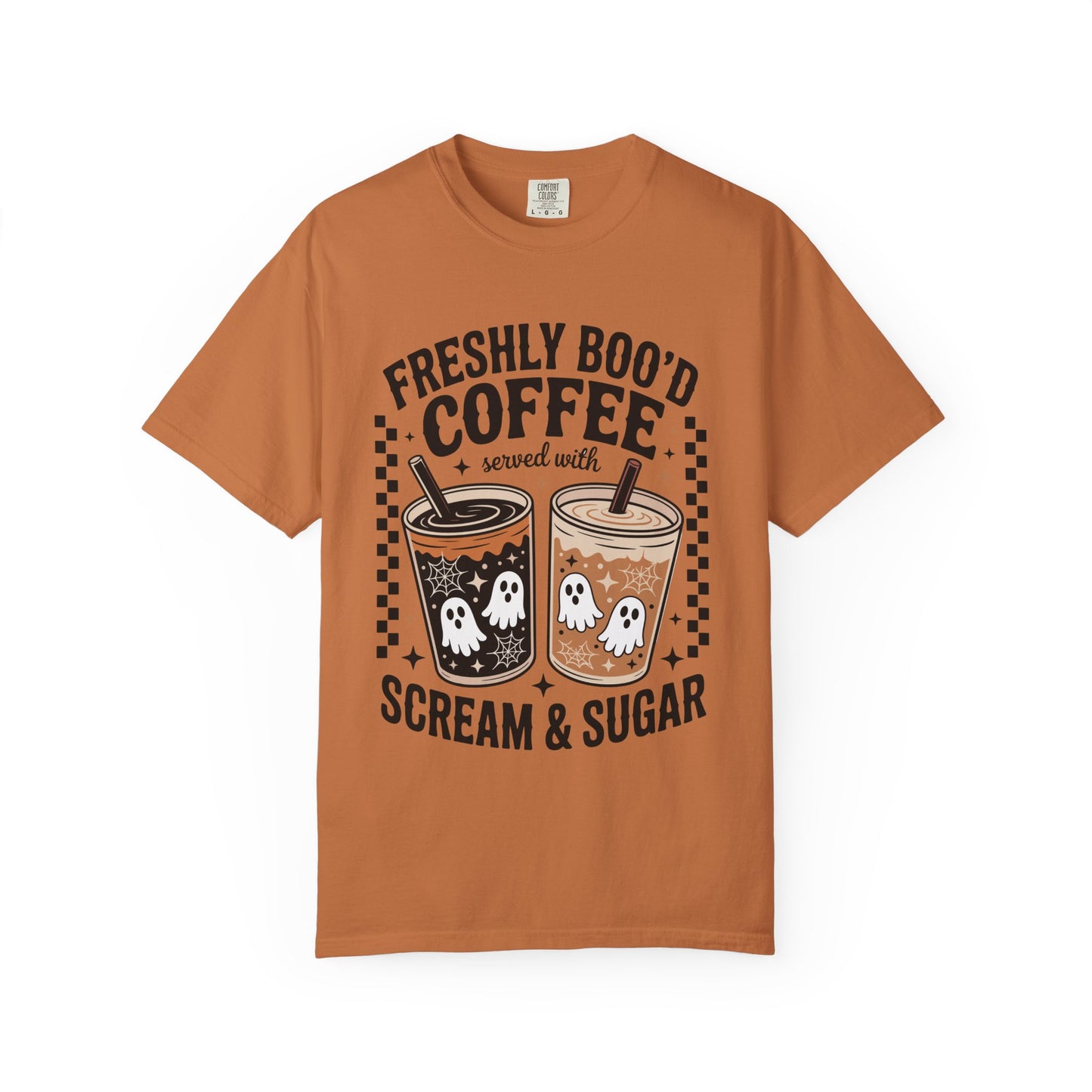 Halloween Coffee T-Shirt, Unisex Garment-Dyed Tee, Ghostly Coffee Graphic Tee, Casual Fall Fashion, Perfect for Halloween Celebrations