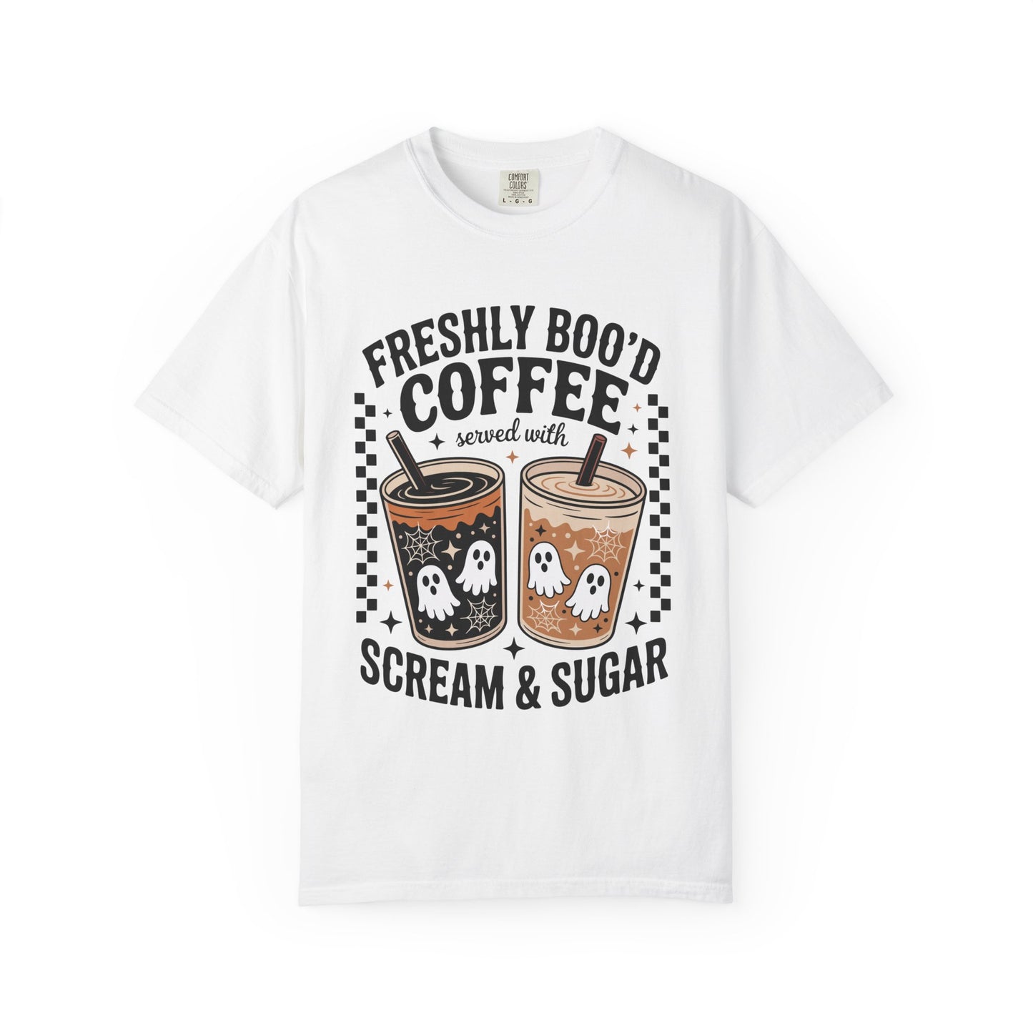 Halloween Coffee T-Shirt, Unisex Garment-Dyed Tee, Ghostly Coffee Graphic Tee, Casual Fall Fashion, Perfect for Halloween Celebrations