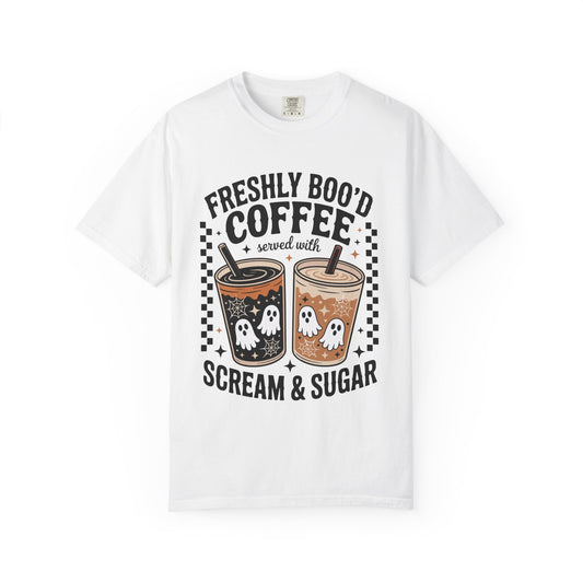 Halloween Coffee T-Shirt, Unisex Garment-Dyed Tee, Ghostly Coffee Graphic Tee, Casual Fall Fashion, Perfect for Halloween Celebrations