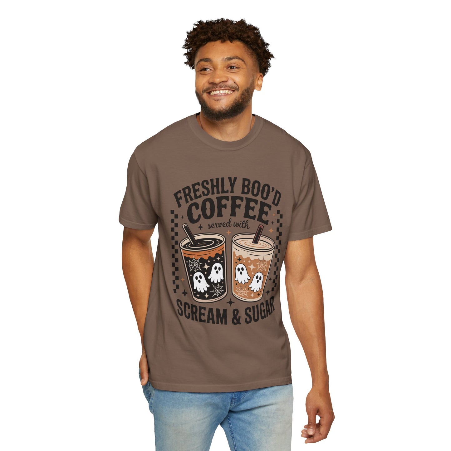 Halloween Coffee T-Shirt, Unisex Garment-Dyed Tee, Ghostly Coffee Graphic Tee, Casual Fall Fashion, Perfect for Halloween Celebrations