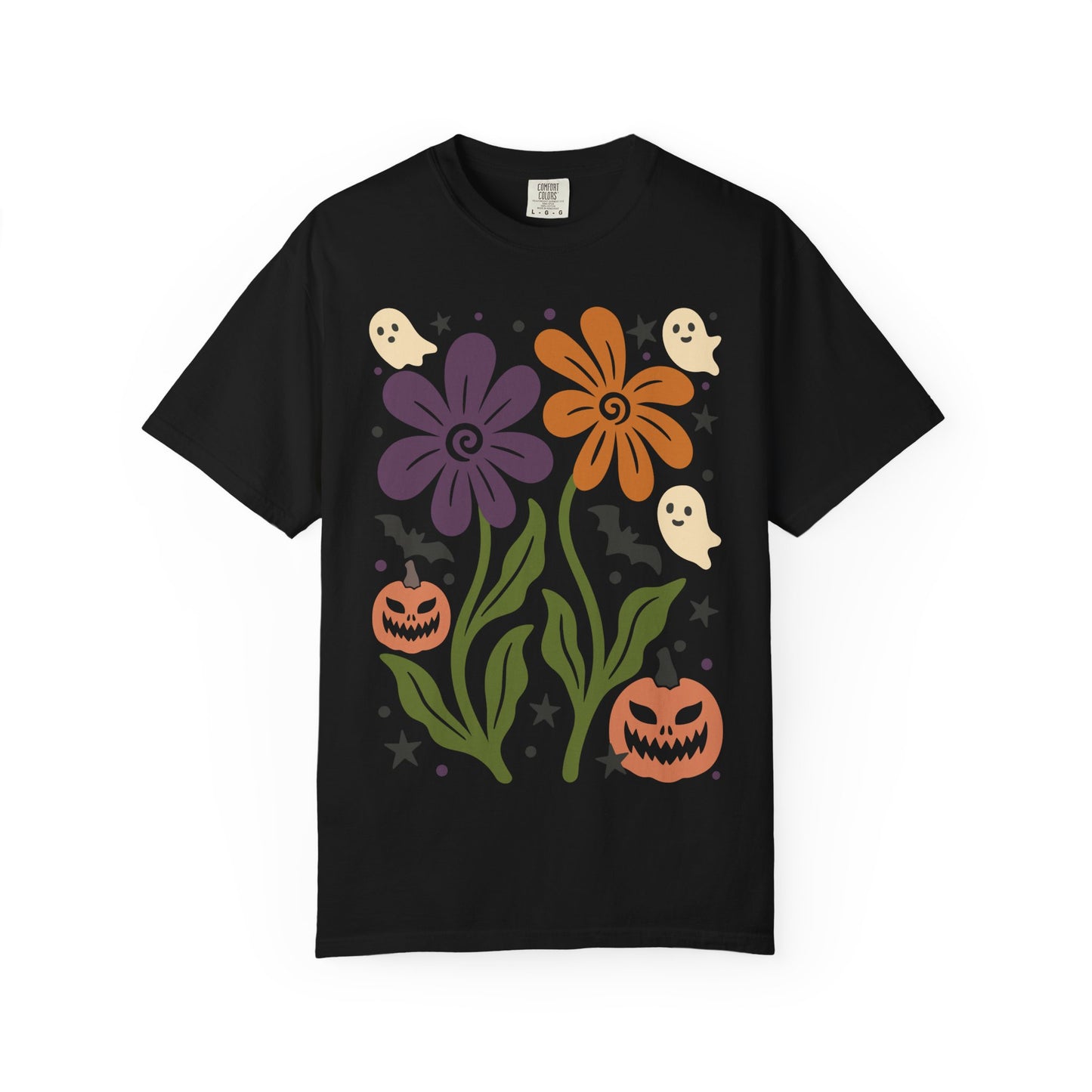 Halloween Floral T-Shirt with Ghosts and Pumpkins, Fall Apparel, Unisex Halloween Shirt, Spooky Vibe, Perfect for Parties, Gifts