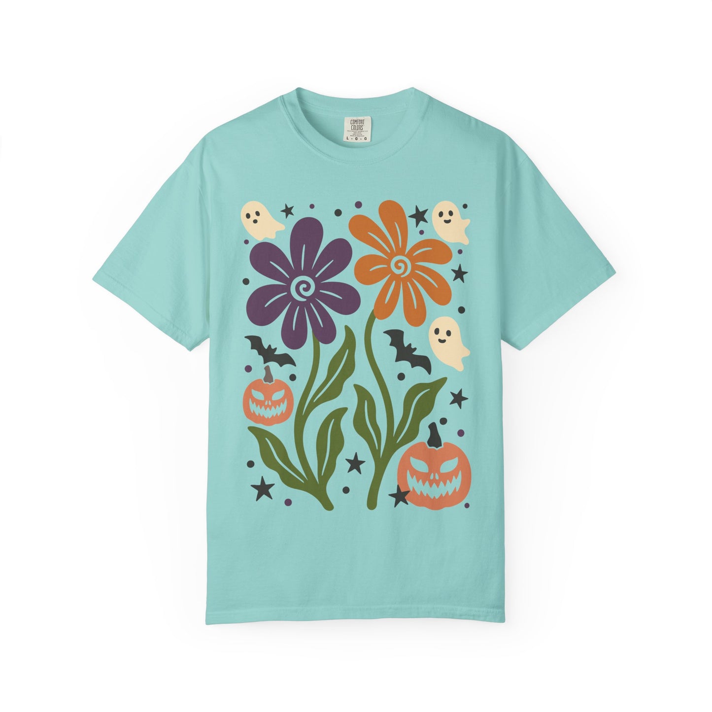 Halloween Floral T-Shirt with Ghosts and Pumpkins, Fall Apparel, Unisex Halloween Shirt, Spooky Vibe, Perfect for Parties, Gifts