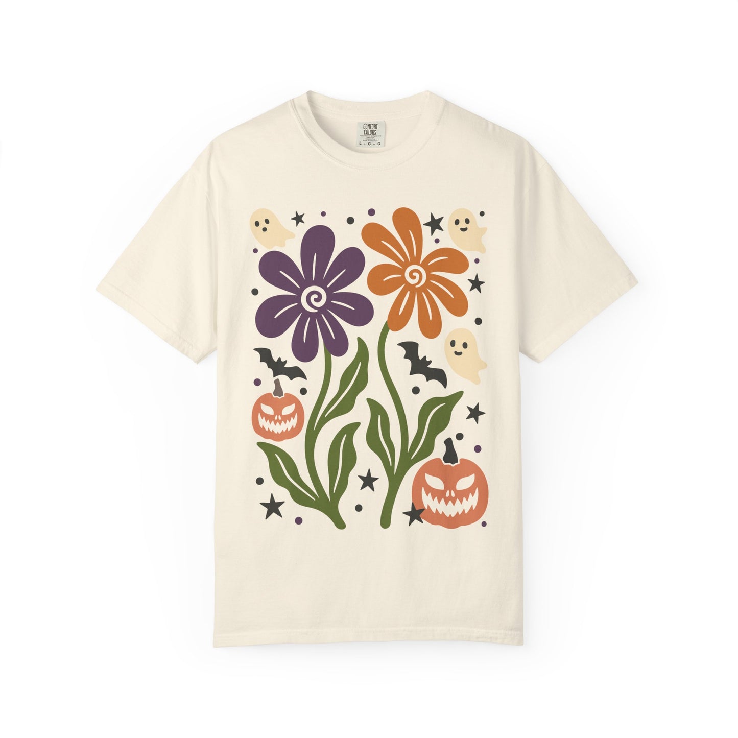Halloween Floral T-Shirt with Ghosts and Pumpkins, Fall Apparel, Unisex Halloween Shirt, Spooky Vibe, Perfect for Parties, Gifts