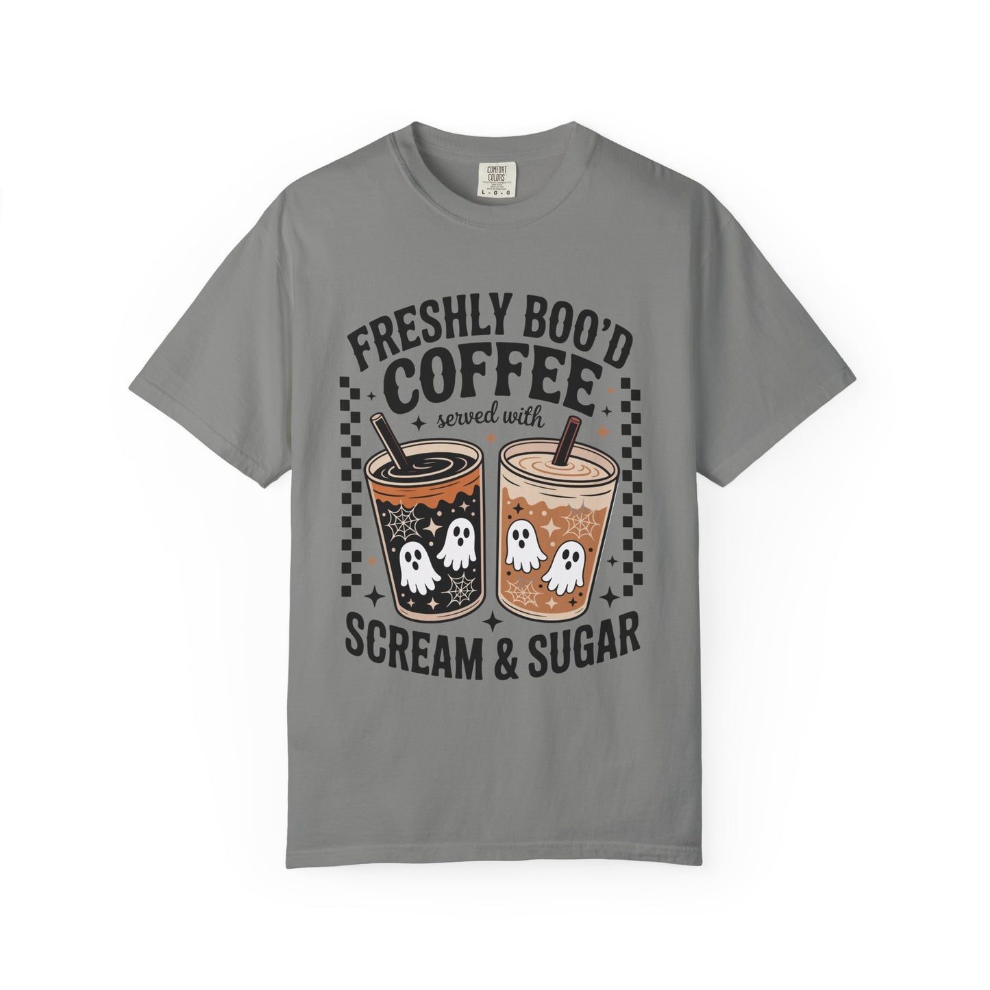 Halloween Coffee T-Shirt, Unisex Garment-Dyed Tee, Ghostly Coffee Graphic Tee, Casual Fall Fashion, Perfect for Halloween Celebrations