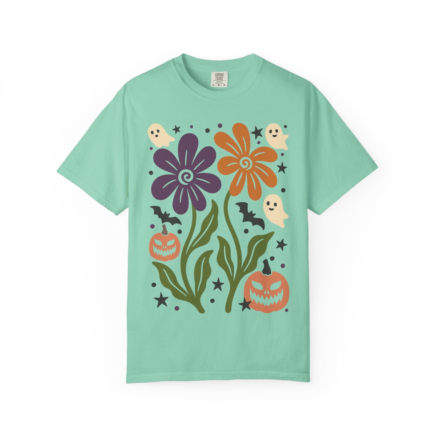 Halloween Floral T-Shirt with Ghosts and Pumpkins, Fall Apparel, Unisex Halloween Shirt, Spooky Vibe, Perfect for Parties, Gifts