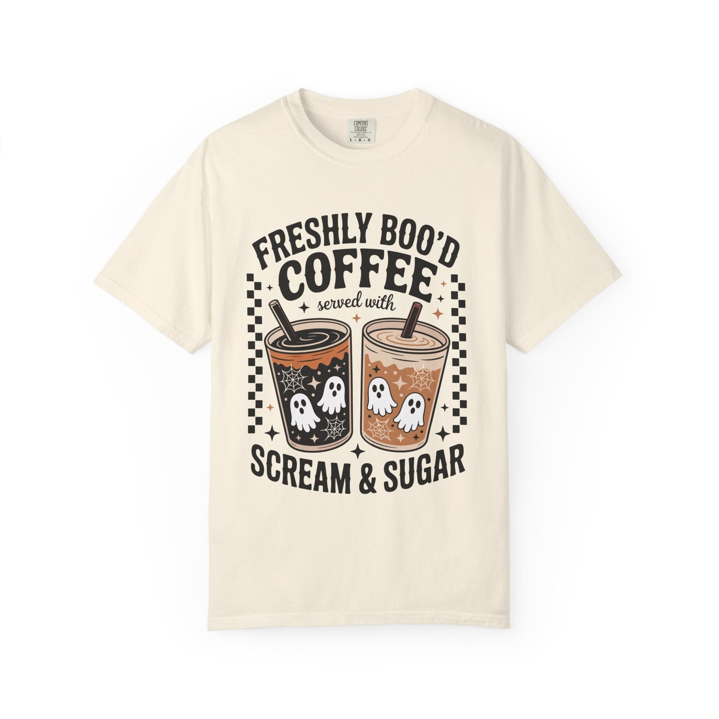 Halloween Coffee T-Shirt, Unisex Garment-Dyed Tee, Ghostly Coffee Graphic Tee, Casual Fall Fashion, Perfect for Halloween Celebrations