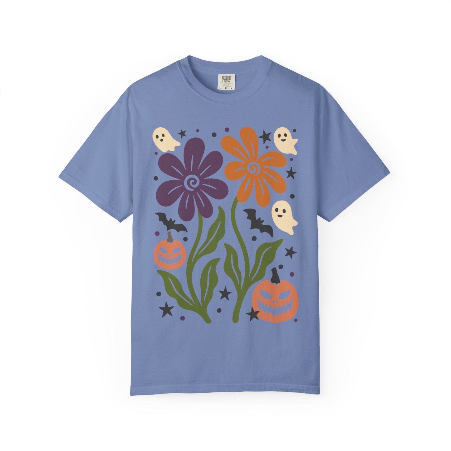 Halloween Floral T-Shirt with Ghosts and Pumpkins, Fall Apparel, Unisex Halloween Shirt, Spooky Vibe, Perfect for Parties, Gifts
