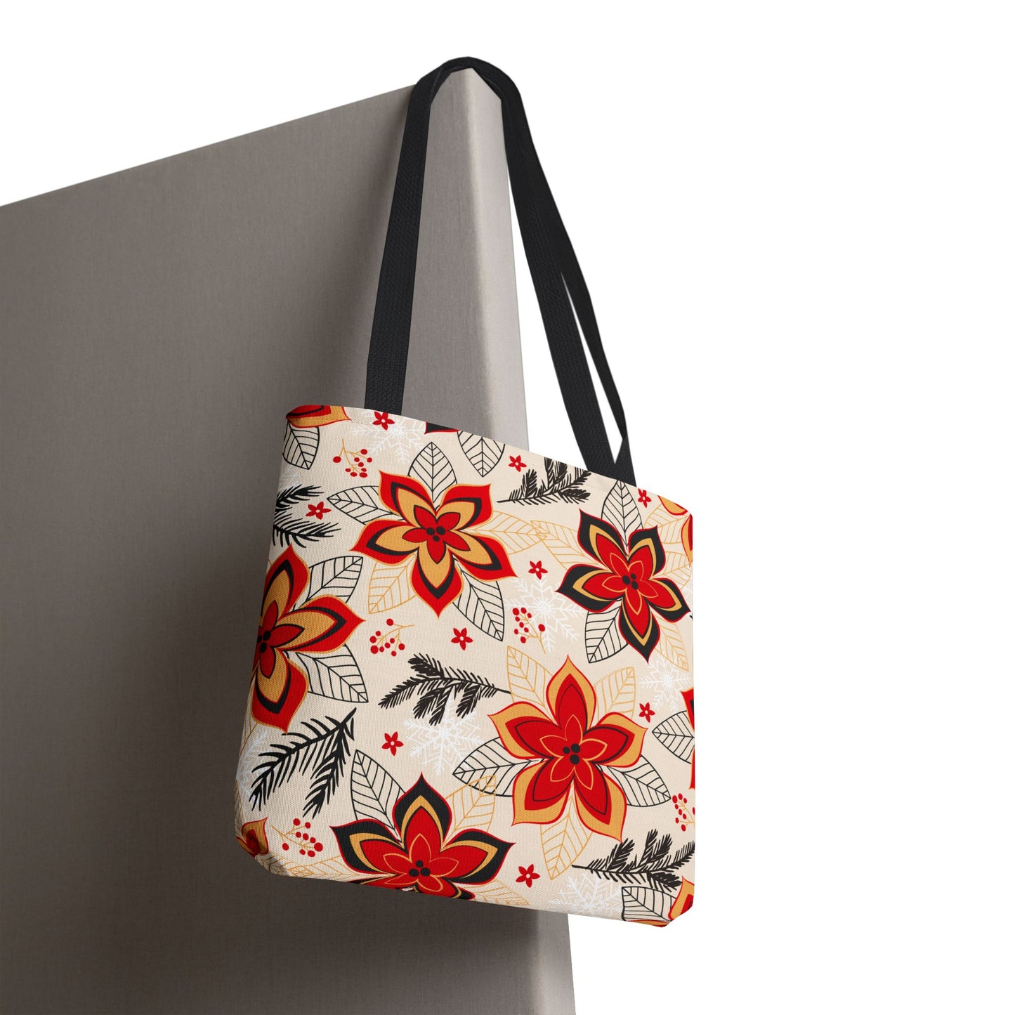 Floral Poinsettia Tote Bag – Red & Gold Holiday Pattern AOP