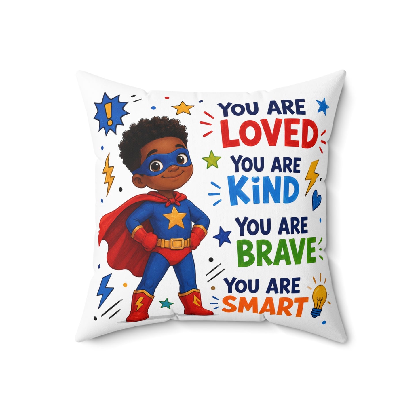Superhero Kids Pillow — "You Are Loved, Kind, Brave, Smart" Inspirational Square Throw Pillow