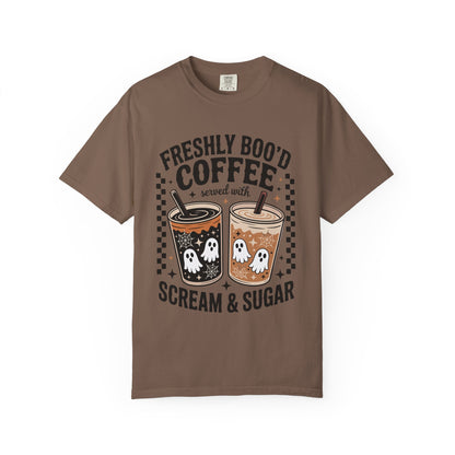 Halloween Coffee T-Shirt, Unisex Garment-Dyed Tee, Ghostly Coffee Graphic Tee, Casual Fall Fashion, Perfect for Halloween Celebrations