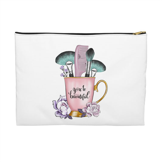 Makeup Accessory Pouch for Beauty Lovers, You're Beautiful Quote, Cosmetic Bag, Gift for Her, Cute Travel Organizer, Floral Design