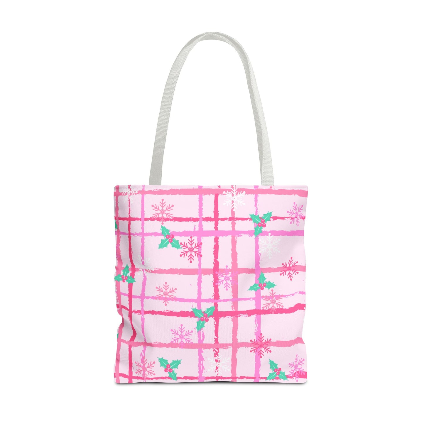 Pink Plaid Holly Tote Bag — Festive Floral Patterned Tote
