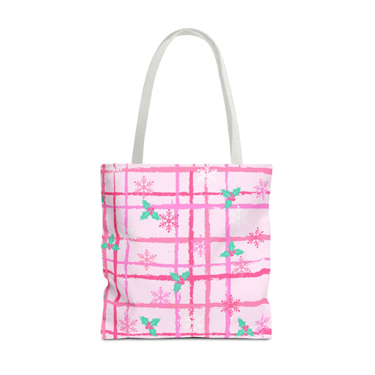 Pink Plaid Holly Tote Bag — Festive Floral Patterned Tote