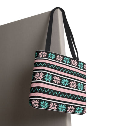 Floral Fair Isle Tote Bag — Pink & Teal Patterned Everyday Shopper