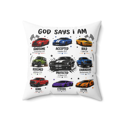God Says I Am Car Pillow — Inspirational Christian Throw Pillow with Scripture Keywords