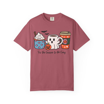 Cozy Halloween T-Shirt, Unisex Fashion Tee, Fall Apparel, Pumpkin Spice Drink Shirt, Seasonal Outfit, Gifts for Halloween Lovers