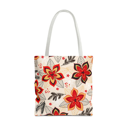 Floral Poinsettia Tote Bag – Red & Gold Holiday Pattern AOP