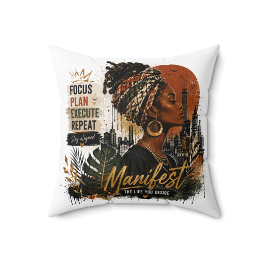 Manifest Afrocentric Decorative Pillow — "Focus Plan Execute Repeat" Inspirational Throw Pillow