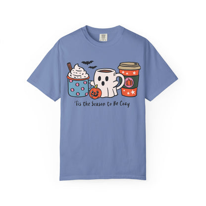 Cozy Halloween T-Shirt, Unisex Fashion Tee, Fall Apparel, Pumpkin Spice Drink Shirt, Seasonal Outfit, Gifts for Halloween Lovers