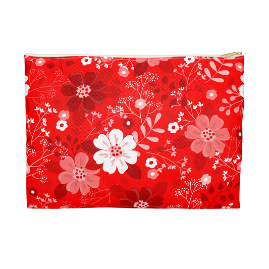 Floral Accessory Pouch, Cute Makeup Bag, Red Flower Cosmetic Case, Gift for Her, Travel Organizer