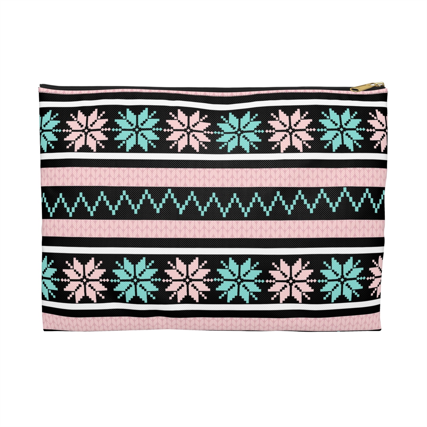 Nordic Snowflake Accessory Pouch — Pink & Teal Zip Cosmetic Bag