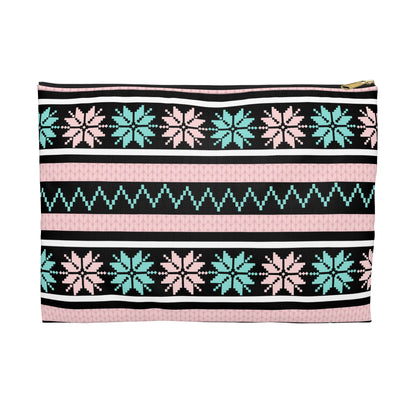 Nordic Snowflake Accessory Pouch — Pink & Teal Zip Cosmetic Bag