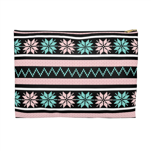 Nordic Snowflake Accessory Pouch — Pink & Teal Zip Cosmetic Bag