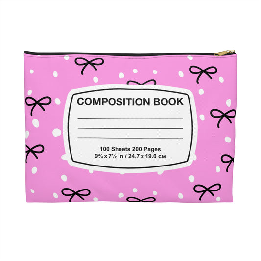 Cute Pink Composition Book Accessory Pouch, School Supplies, Makeup Bag, Gift for Students, Cute Storage, Bow Design