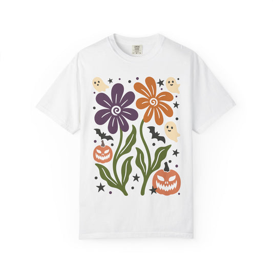 Halloween Floral T-Shirt with Ghosts and Pumpkins, Fall Apparel, Unisex Halloween Shirt, Spooky Vibe, Perfect for Parties, Gifts