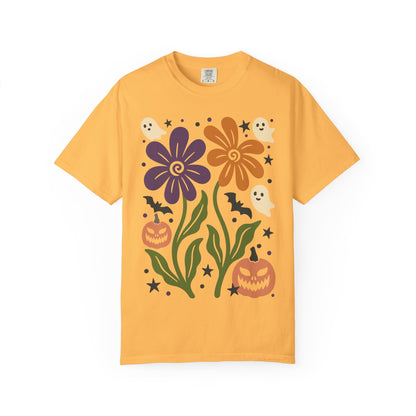 Halloween Floral T-Shirt with Ghosts and Pumpkins, Fall Apparel, Unisex Halloween Shirt, Spooky Vibe, Perfect for Parties, Gifts