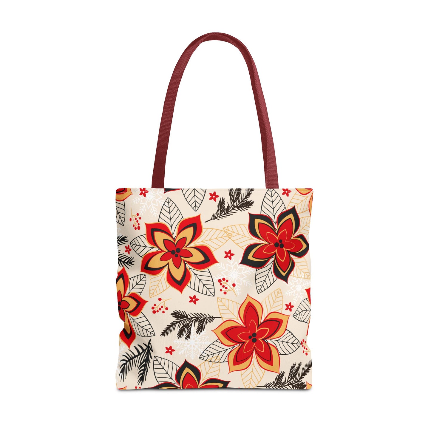 Floral Poinsettia Tote Bag – Red & Gold Holiday Pattern AOP