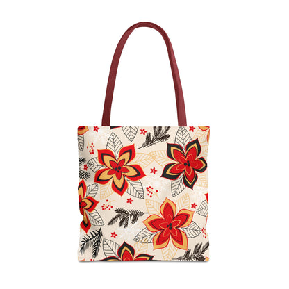Floral Poinsettia Tote Bag – Red & Gold Holiday Pattern AOP