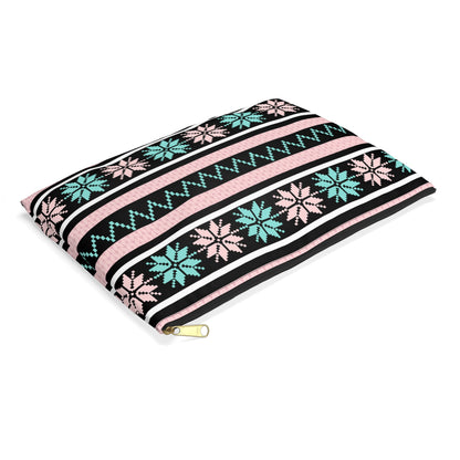 Nordic Snowflake Accessory Pouch — Pink & Teal Zip Cosmetic Bag