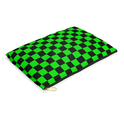 Green & Black Checker Accessory Pouch — Neon Checkerboard Makeup Bag
