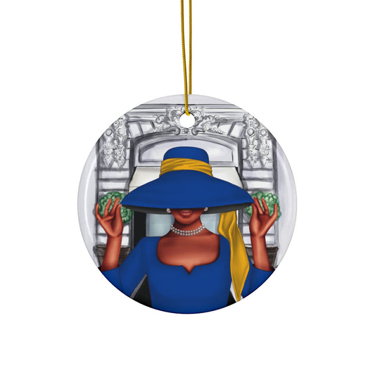 Elegant Decorative Ceramic Ornaments, Stylish Holiday Décor, Double-Sided, Home Decoration Gift, Unique Seasonal Ornament, Blue and Yellow