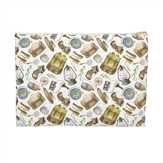 Adventurer's Accessory Pouch - Vintage Travel Gear Pattern, Perfect for Camping, Hiking, Gifts, Organizing, Festivals