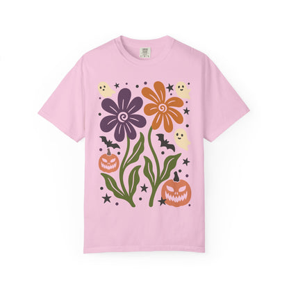 Halloween Floral T-Shirt with Ghosts and Pumpkins, Fall Apparel, Unisex Halloween Shirt, Spooky Vibe, Perfect for Parties, Gifts