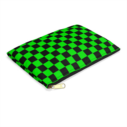 Green & Black Checker Accessory Pouch — Neon Checkerboard Makeup Bag