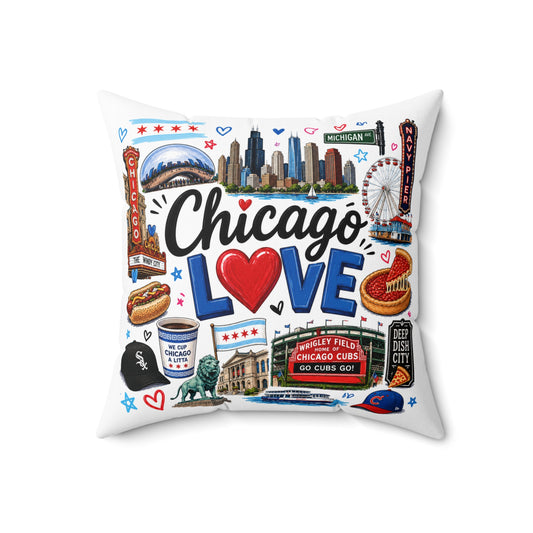 Chicago Love Decorative Pillow — City Skyline & Icons Square Throw Pillow